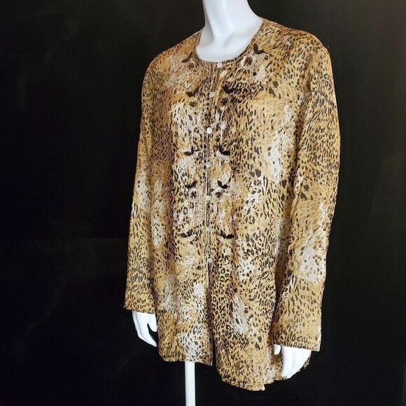 Laura Ashley Animal Print & Embroidered Floral Design Silk Button Down Shirt (L) - Picture 2 of 6